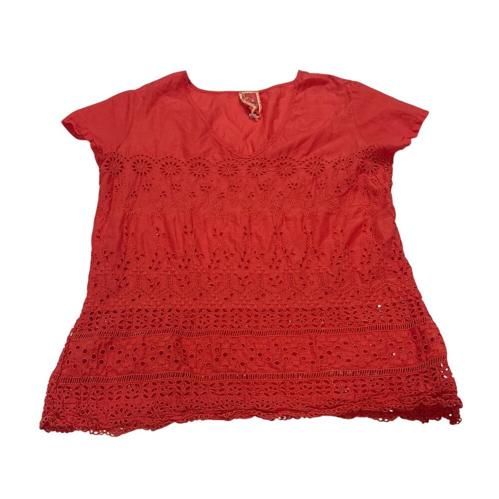 Johnny Was Women’s Medium Orange Eyelet Short Sleeve Blouse Vacation Floral
